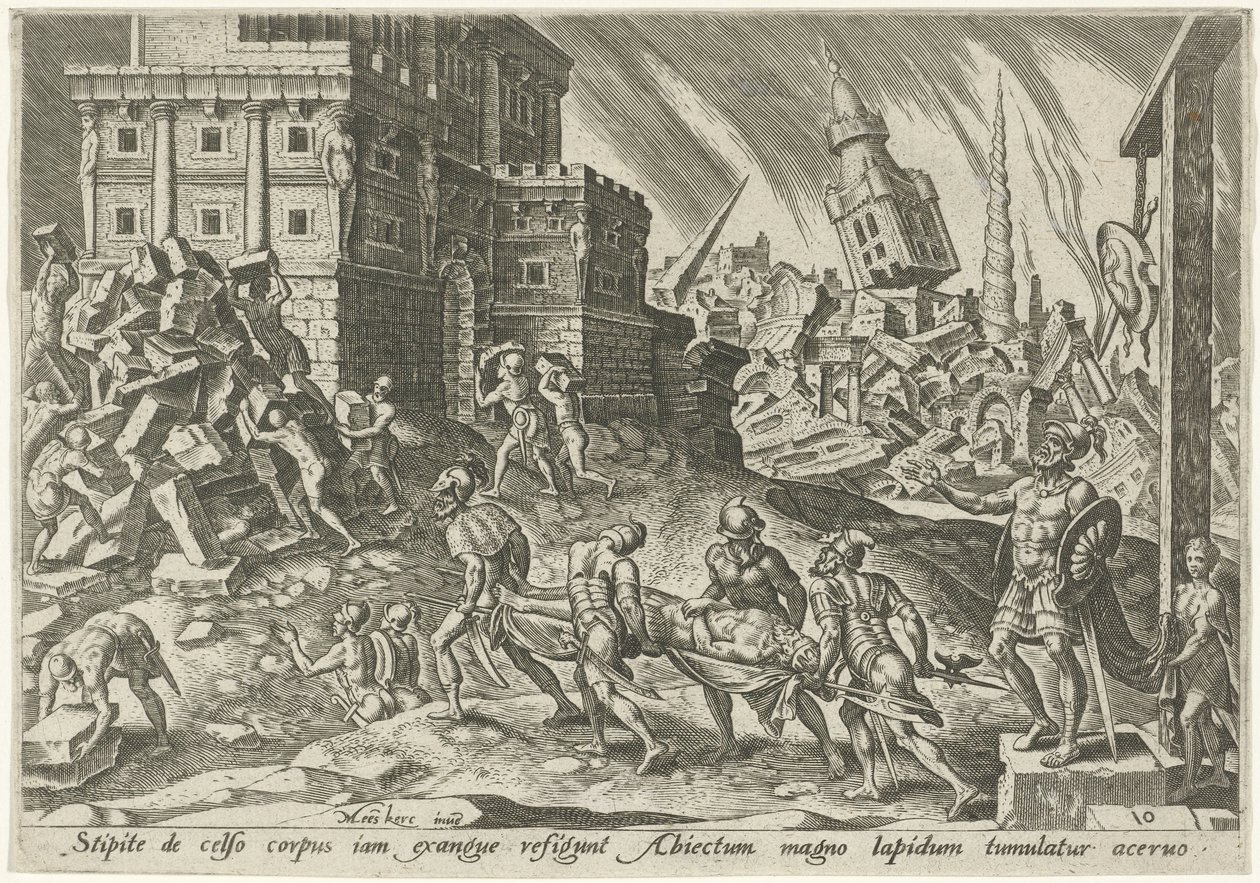 Kroppen til kongen av Ai er ført til byporten The Days of Doom of the Jewish People (serietittel) av Philips Galle