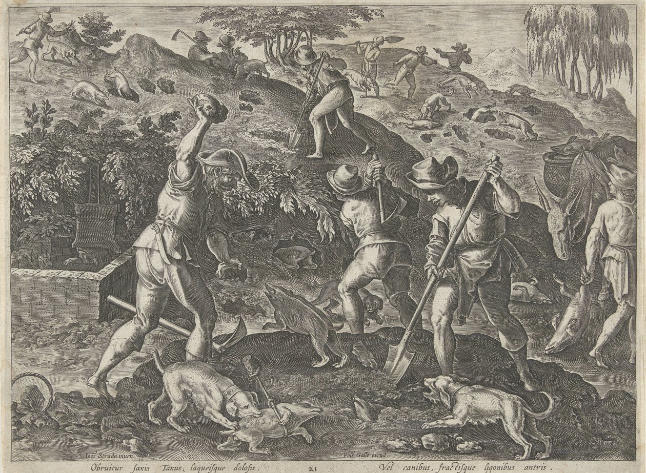 Jacht op dassen Jachttaferelen (serietittel) Der alle slags jakt, fuglefangst og fiske (serietittel) av Philips Galle