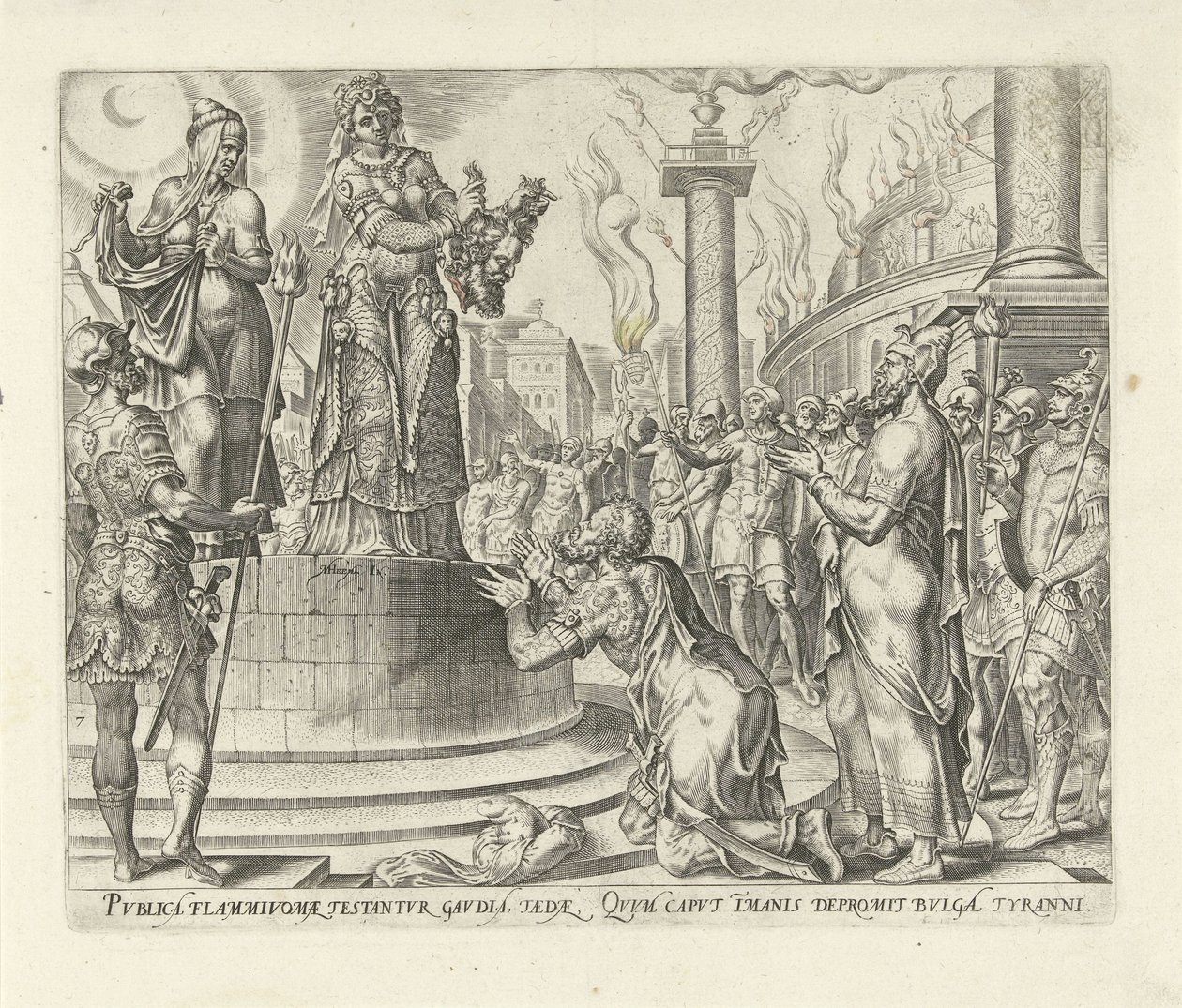 Judith viser hodet til Holofernes til folket Historie om Judit og Holofernes (serietittel) av Philips Galle