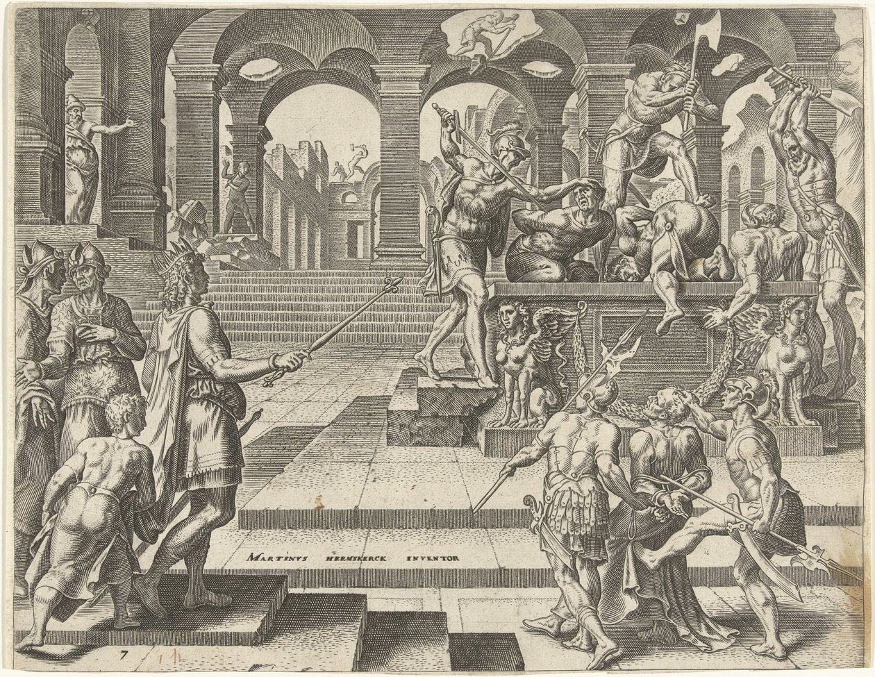 Kong Josiah beordrer prestene i templene i Samaria til å bli drept Historien til kong Josiah (serietittel) av Philips Galle