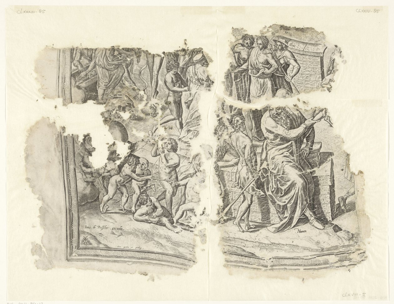 Nederste venstre hjørne av et trykk av scenen av Cebes Tabula Cebetis Carta Vitae (original tittel) av Philips Galle