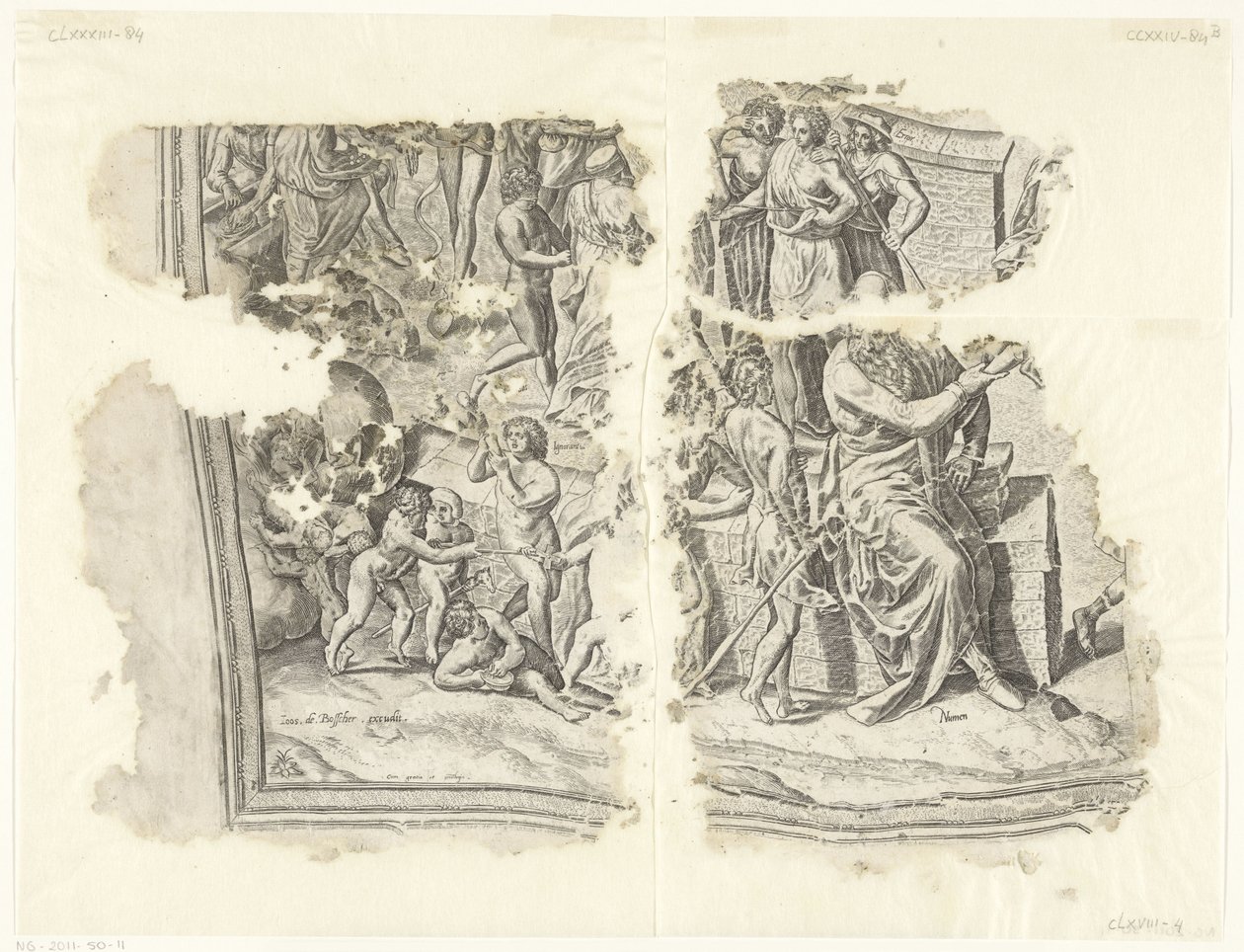 Nederste venstre hjørne av et trykk av scenen av Cebes Tabula Cebetis Carta Vitae (original tittel) av Philips Galle