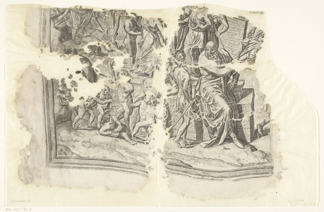 Nederste venstre hjørne av et trykk av scenen av Cebes Tabula Cebetis Carta Vitae (original tittel) av Philips Galle