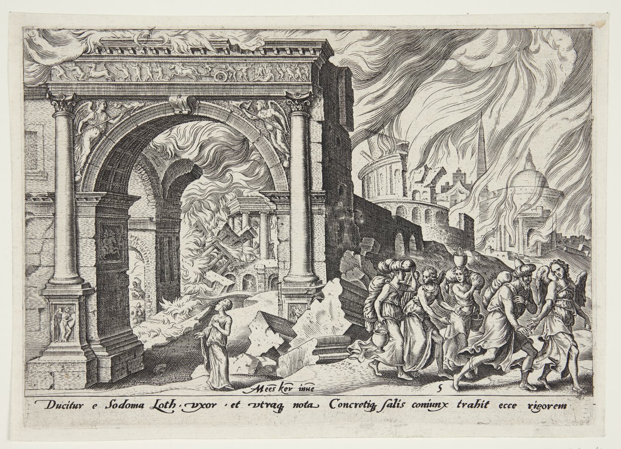 Lot og hans familie forlater det brennende Sodoma av Philips Galle