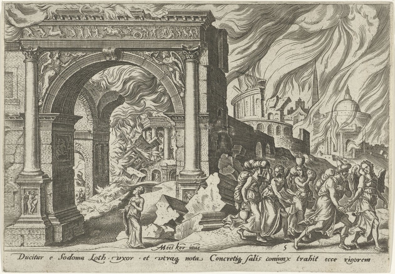 Loth og familien forlater byen Sodoma The Days of Doom of the Jewish People (serietittel) av Philips Galle