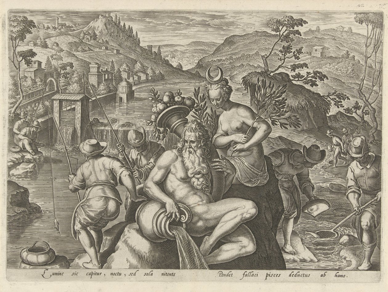 Nachtelijk vissen met een hengel Jachttaferelen (serietittel) Der alle slags jakt, fuglefangst og fiske (serietittel) av Philips Galle