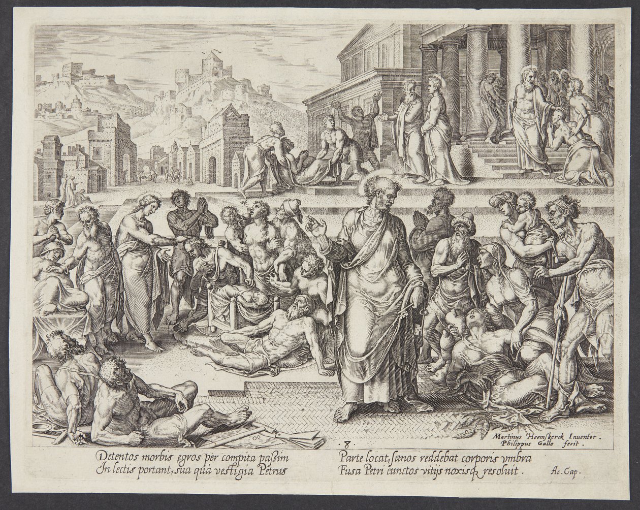 Petrus helbreder de syke med skyggen sin av Philips Galle