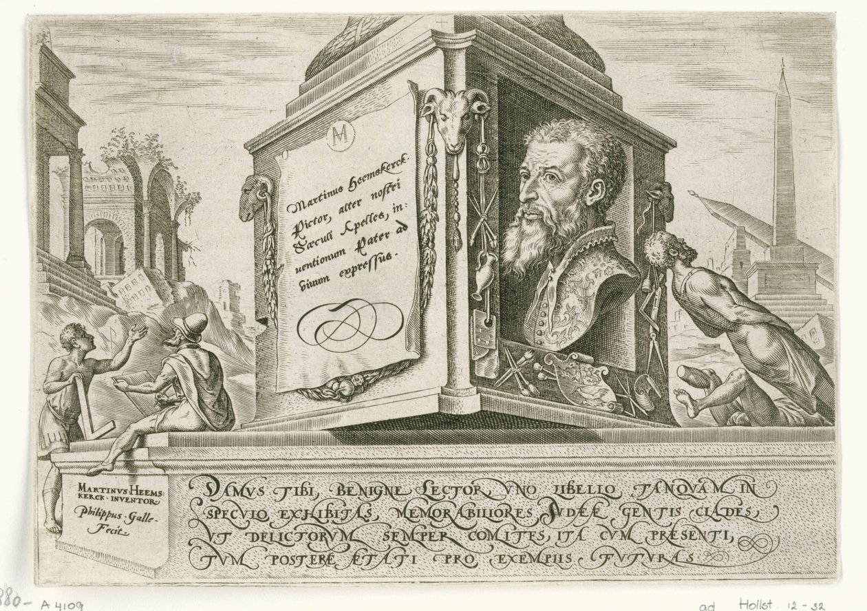 Portrett av Maarten van Heemskerck på sokkelen til en søyle The Days of Doom of the Jewish People (serietittel) av Philips Galle