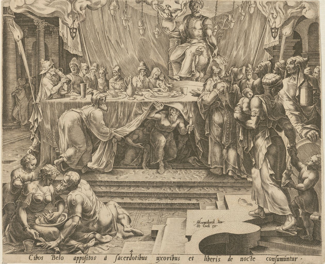Bels prester spiser og drikker i tempelet, tavle 4, og Daniel mater dragen, tavle 7, tavle 4 og 7 fra serien «Historien om Daniel, Bel og dragen» av Philips Galle