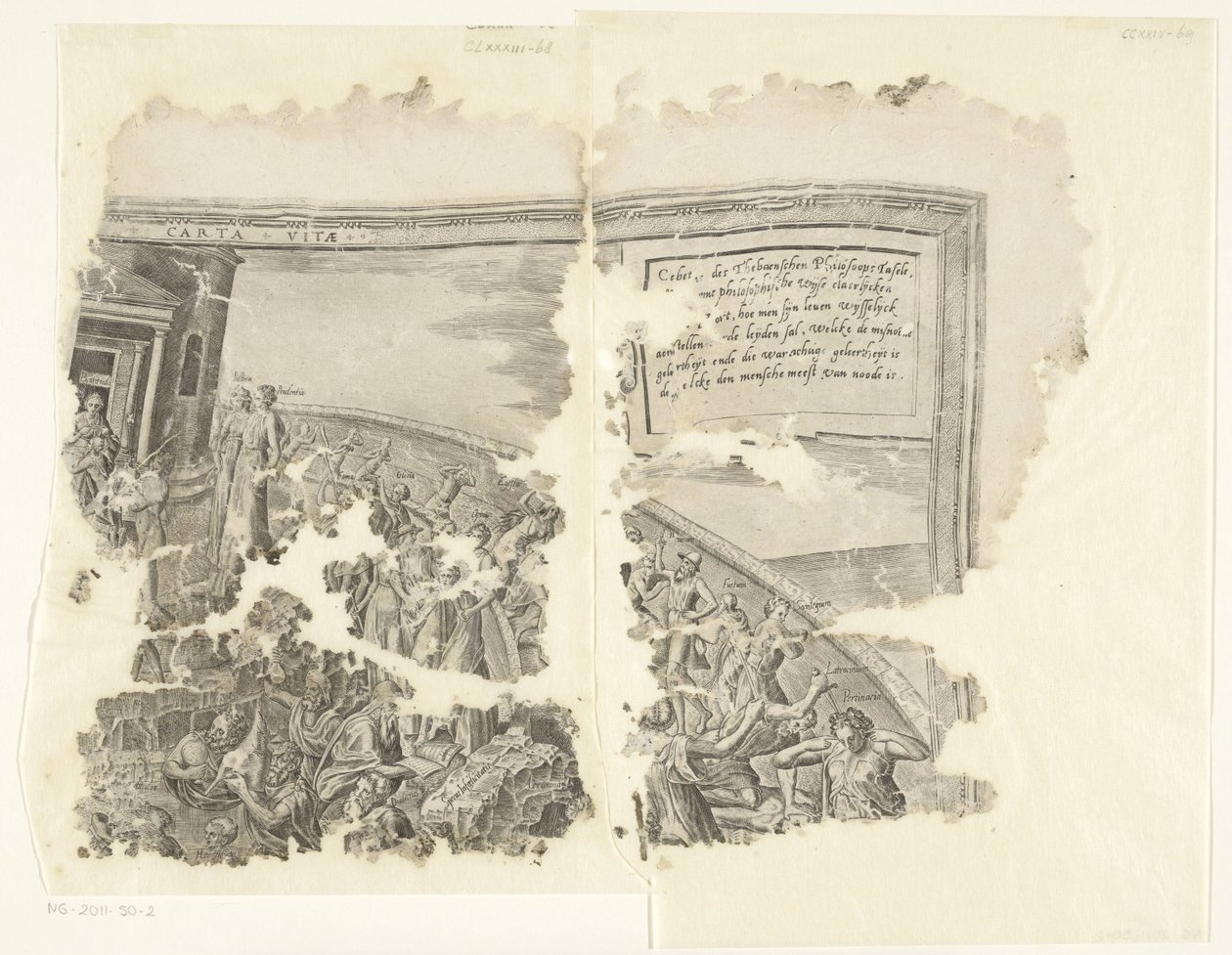Øvre høyre hjørne av et trykk av scenen av Cebes Tabula Cebetis Carta Vitae (tittel på objekt) av Philips Galle