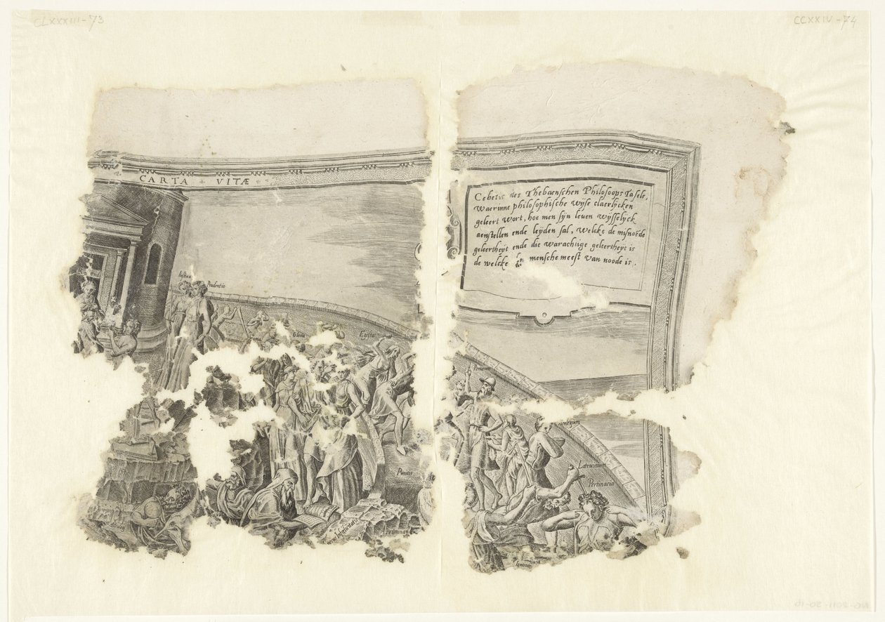 Øvre høyre hjørne av et trykk av scenen av Cebes Tabula Cebetis Carta Vitae (tittel på objekt) av Philips Galle