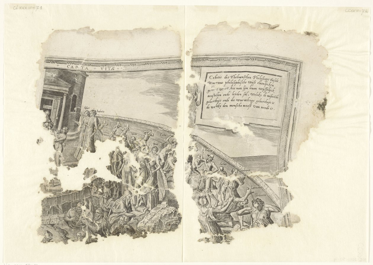 Øvre høyre hjørne av et trykk av scenen av Cebes Tabula Cebetis Carta Vitae (tittel på objekt) av Philips Galle