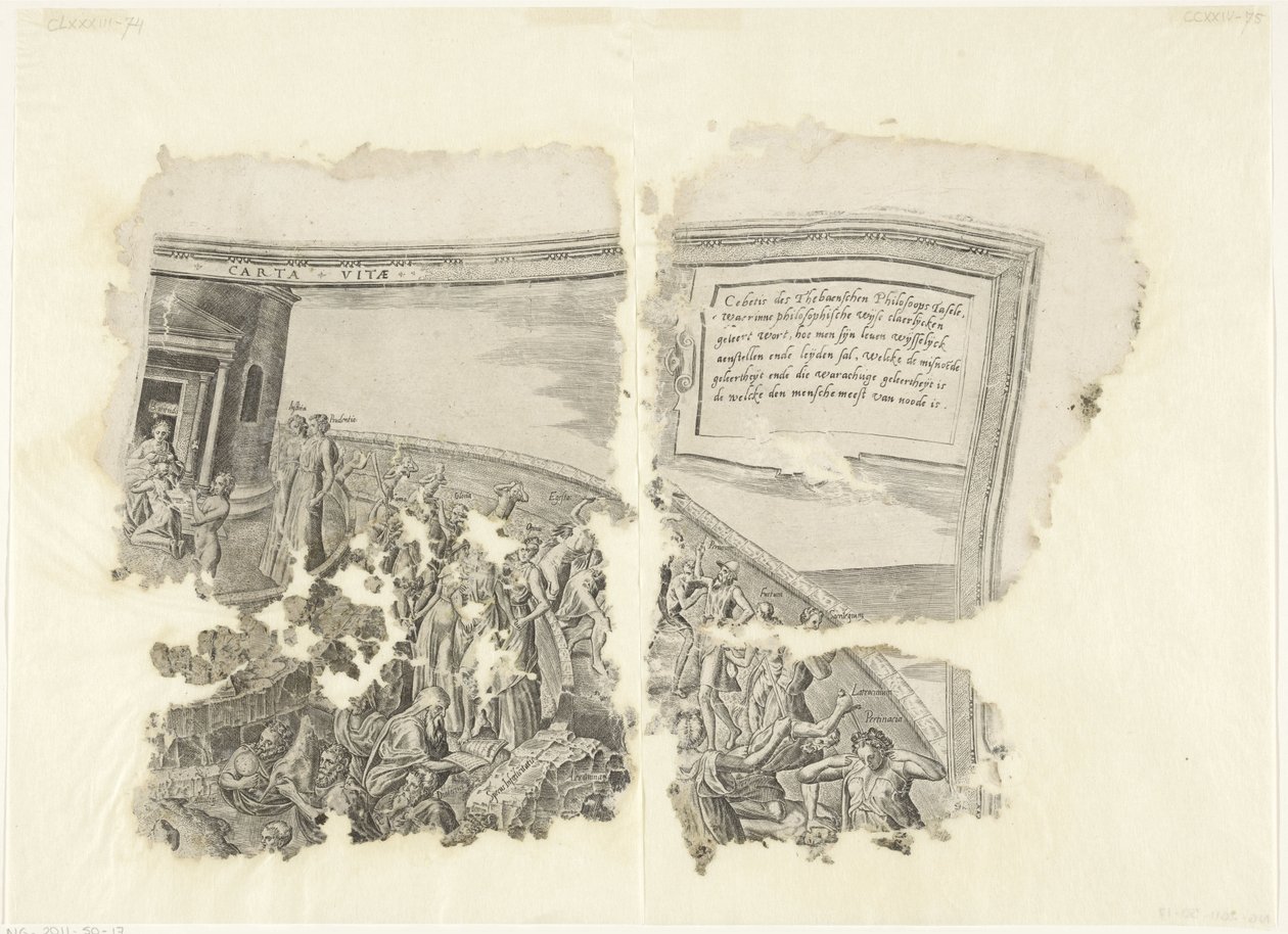 Øvre høyre hjørne av et trykk av scenen av Cebes Tabula Cebetis Carta Vitae (tittel på objekt) av Philips Galle