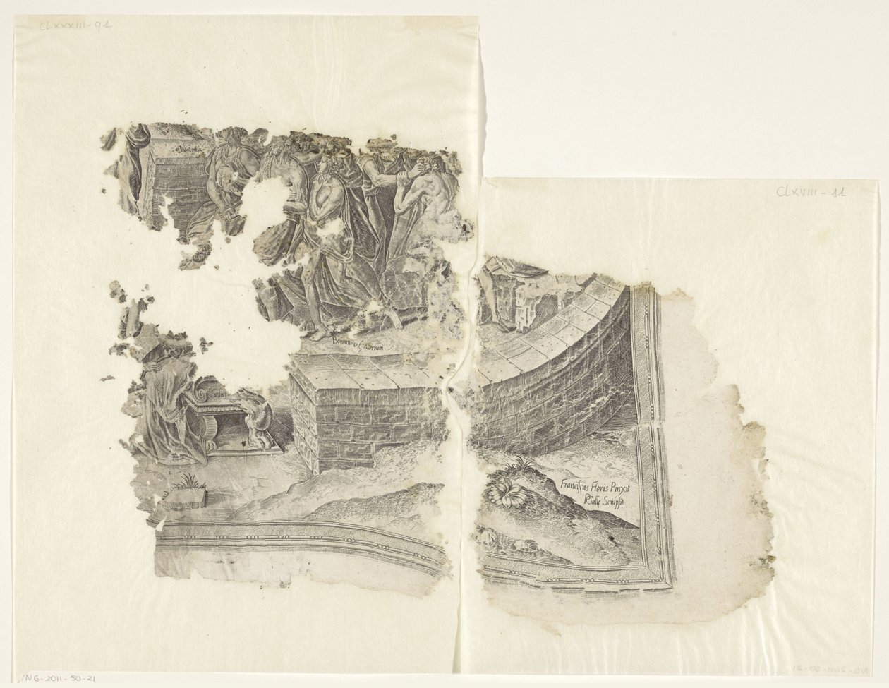 Nedre høyre hjørne av et trykk av scenen fra Cebes Tabula Cebetis Carta Vitae (original tittel) av Philips Galle