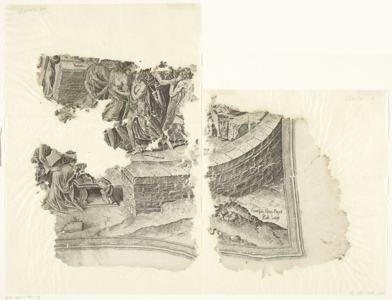 Nederste høyre hjørne av et trykk av scenen av Cebes Tabula Cebetis Carta Vitae (original tittel) av Philips Galle