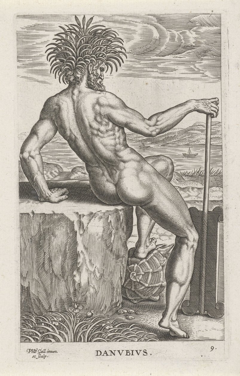 Riviergod Donau Danvbivs (tittel på objekt) Rivier- en zeegoden (serietittel) Elegante portretter av de marine halvgudene og sjøløvene (serietittel) av Philips Galle