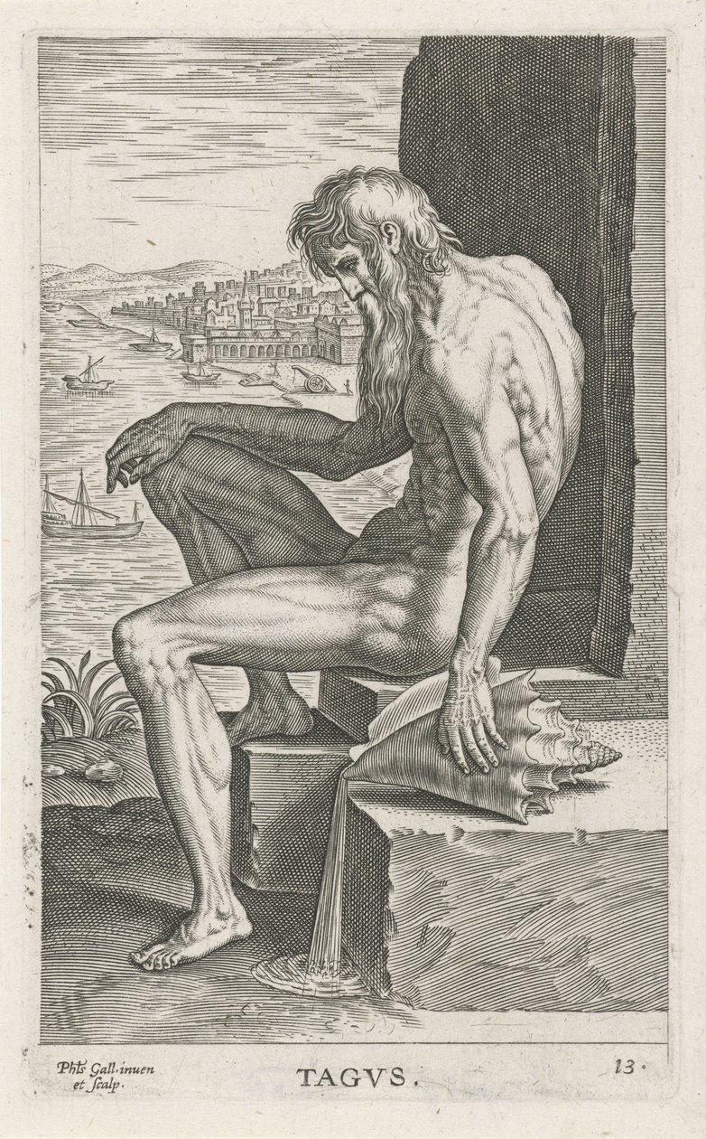 Riviergod Tejo Tagvs (tittel på objekt) Rivier- en zeegoden (serietittel) Elegante portretter av de marine halvgudene og sjøløvene (serietittel) av Philips Galle