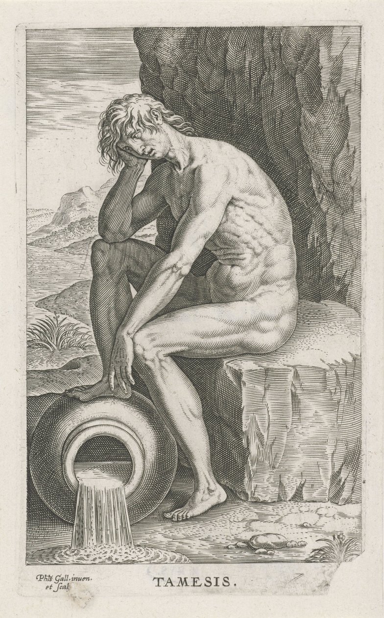 Riviergod Thames Thames (tittel på objekt) Rivier- en zeegoden (serietittel) Elegante portretter av de marine halvgudene og Amnicus-selene (serietittel) av Philips Galle