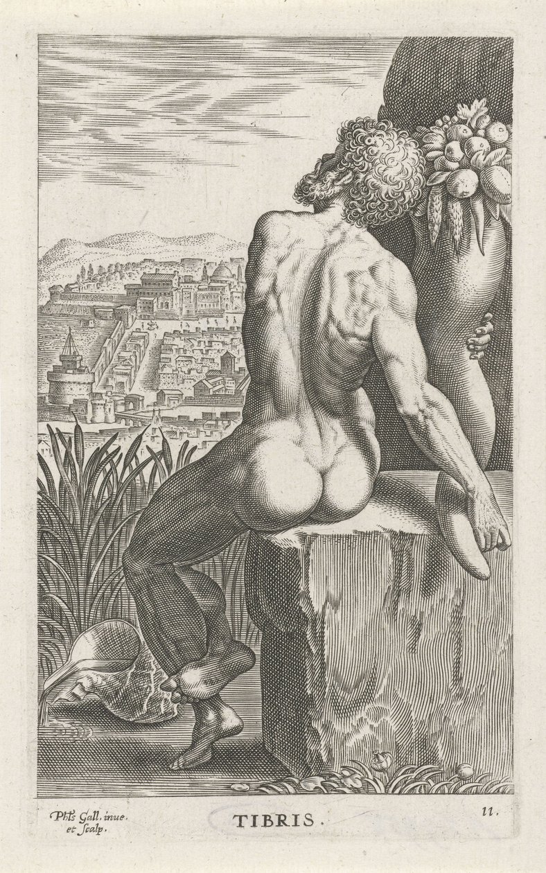 Riviergod Tiber Stammer (tittel på objekt) Rivier- en zeegoden (serietittel) Elegante portretter av de marine halvgudene og Amnicus-selene (serietittel) av Philips Galle