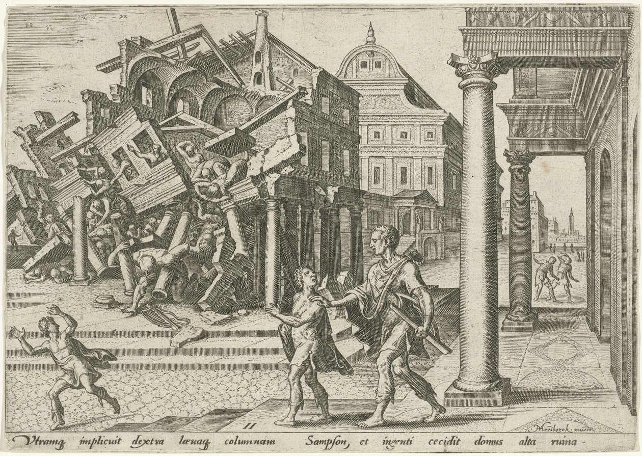 Samson ødelegger filistrenes tempel The Days of Doom of the Jewish People (serietittel) av Philips Galle