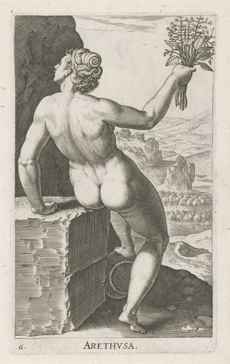 Vannymfen Arethusa Arthvsa (tittel på objekt) Stroom- en waternimfen (serietittel) Oceanitid-nymfer, epihidrid potamidus naiads (serietittel) av Philips Galle