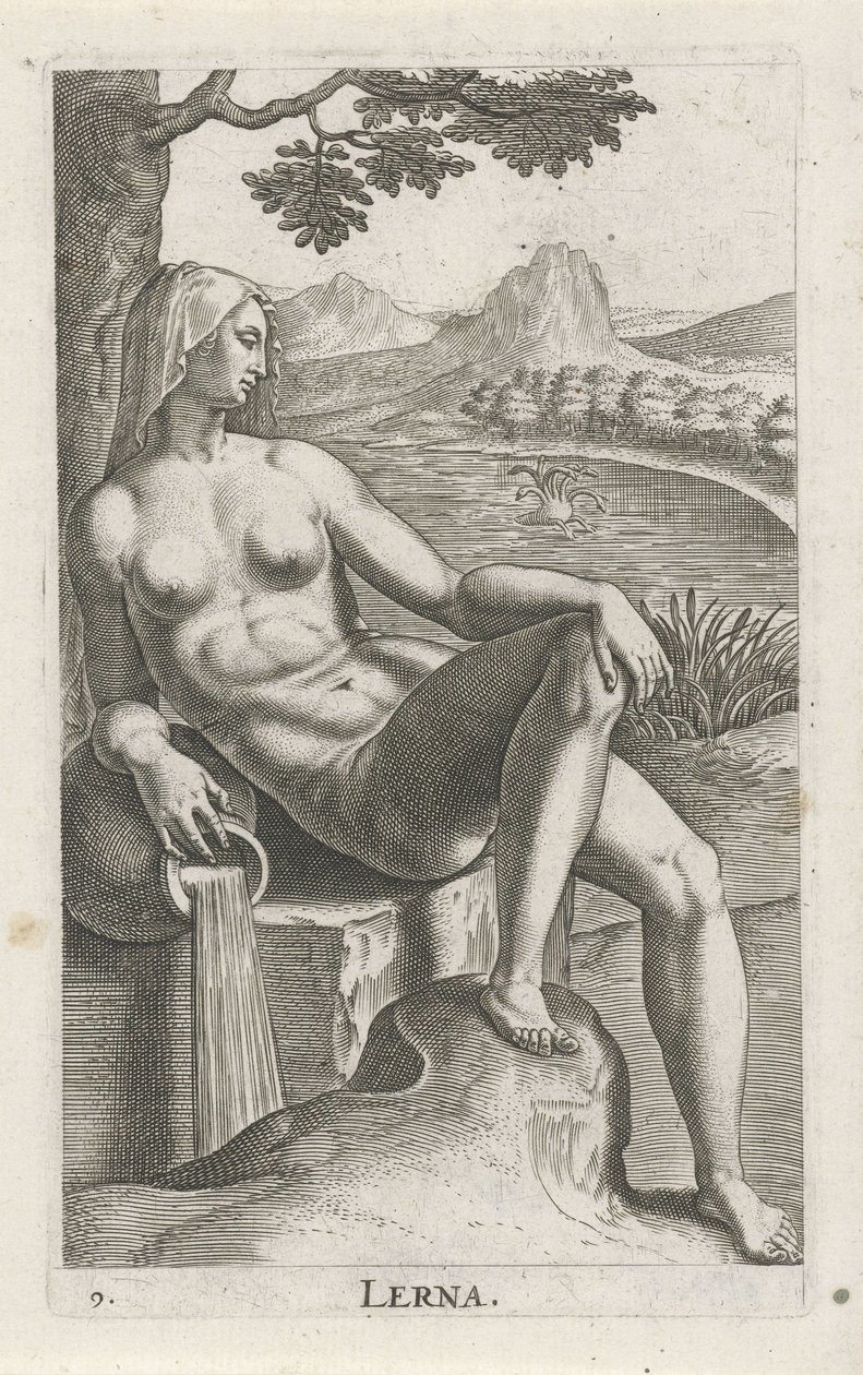 Waternimf Lerna Lerna (tittel på objekt) Stroom - en vannnymfe (serietittel) Nympharum oceanitidum, Ephydridum potamidum naiadum (serietittel) av Philips Galle