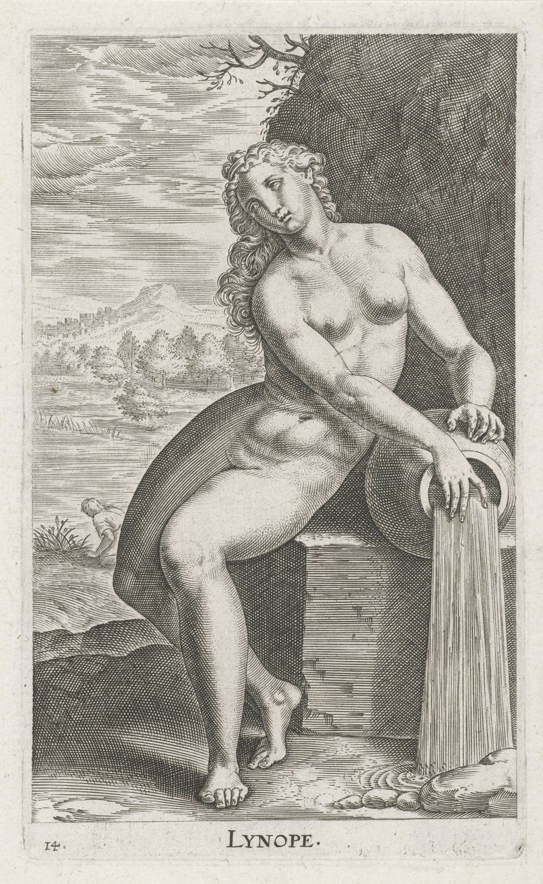 Vannymfe Linope Lynope (tittel på objekt) Stroom- en waternimfen (serietittel) Oceanitid-nymfer, epihidrid potamidus naiads (serietittel) av Philips Galle