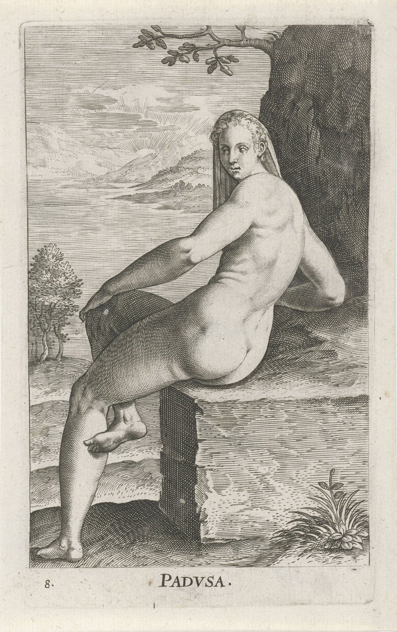 Vannymfe Padusa Padvsa (tittel på objekt) Stroom- en waternimfen (serietittel) Oceanitid-nymfer, epihidrid potamidus naiads (serietittel) av Philips Galle