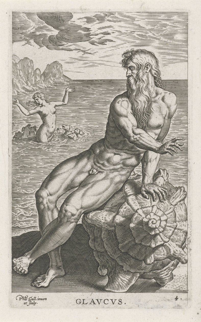 Zeegod Glaucus Glavcvs (tittel på objekt) Rivier- en zeegoden (serietittel) Elegante portretter av de marine halvgudene og Amnicus-selene (serietittel) av Philips Galle