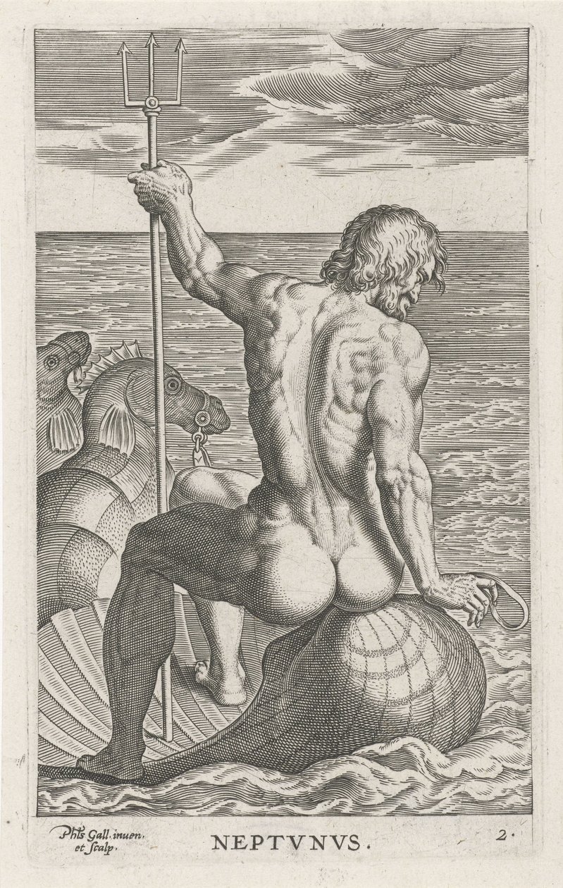 Zeegod Neptun Neptvnvs (tittel på objekt) Rivier- en zeegoden (serietittel) Elegante portretter av de marine halvgudene og Amnicus-selene (serietittel) av Philips Galle