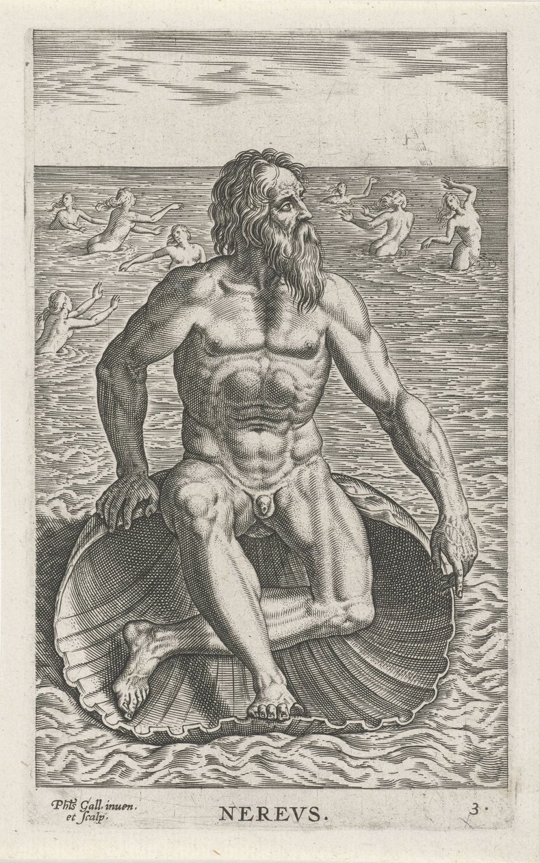 Zeegod Nereus Never (tittel på objekt) Rivier- en zeegoden (serietittel) Elegante portretter av de marine halvgudene og sjøløvene (serietittel) av Philips Galle