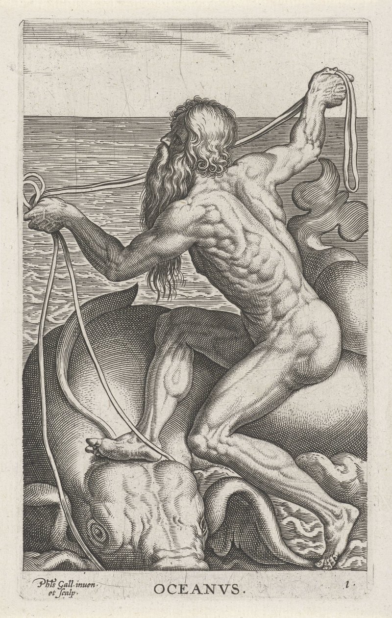 Zeegod Oceanus Oceanvs (tittel på objekt) Rivier- en zeegoden (serietittel) Elegante portretter av de marine halvgudene og sjøløvene (serietittel) av Philips Galle