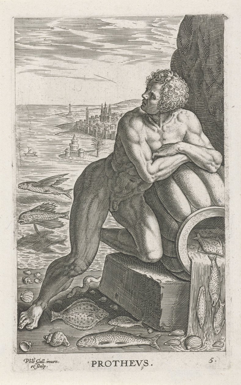 Zeegod Protheus Prothevs (tittel på objekt) Rivier- en zeegoden (serietittel) Elegante portretter av de marine halvgudene og Amnicus-selene (serietittel) av Philips Galle