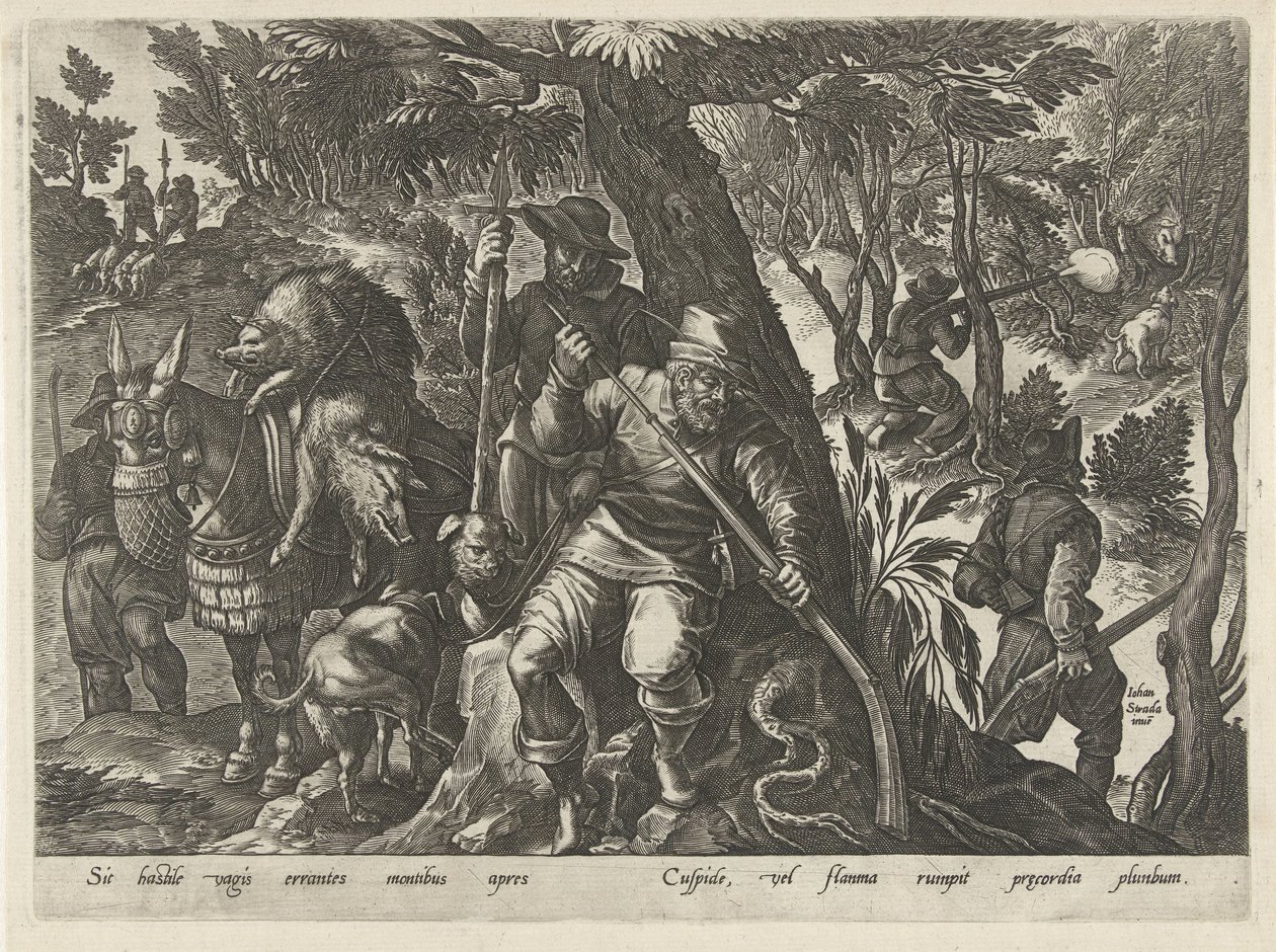 Zwijnenjacht met geweren Jachttaferelen (serietittel) Der alle typer jakt, jakt og fiske (serietittel) av Philips Galle