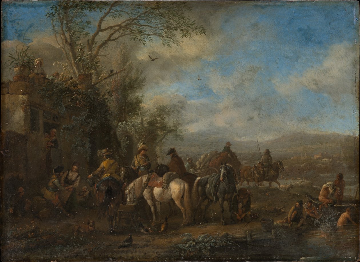 Væpnede ryttere foran et vertshus av Philips Wouwerman