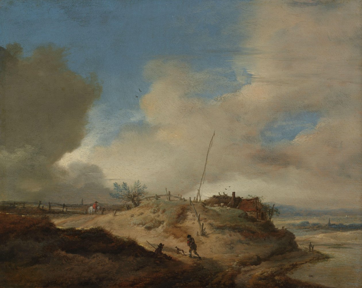 Sanddynelandskap med en signalstolpe av Philips Wouwerman