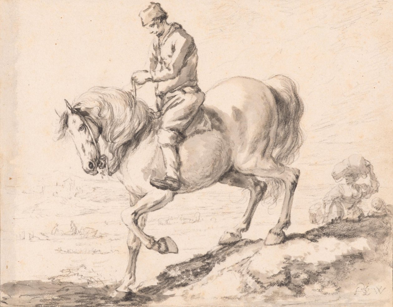 En rytter krysser en bekk med hesten sin av Philips Wouwerman