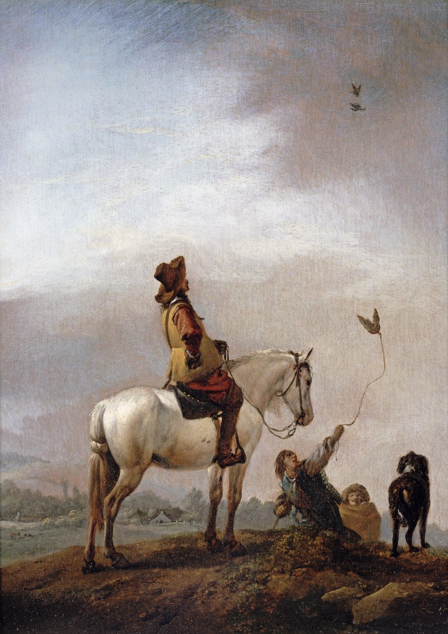 Gentleman på en hest ser på en falkonerer av Philips Wouwerman