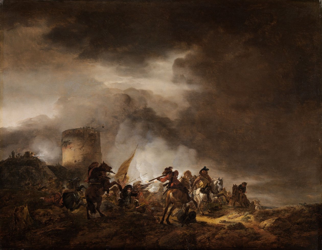 Kamp mellom ryttere og infanteri foran et festningsanlegg av Philips Wouwerman