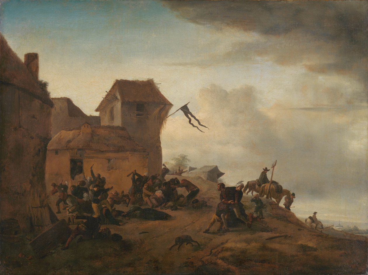 Bønder som kjemper i nærheten av en landsby av Philips Wouwerman