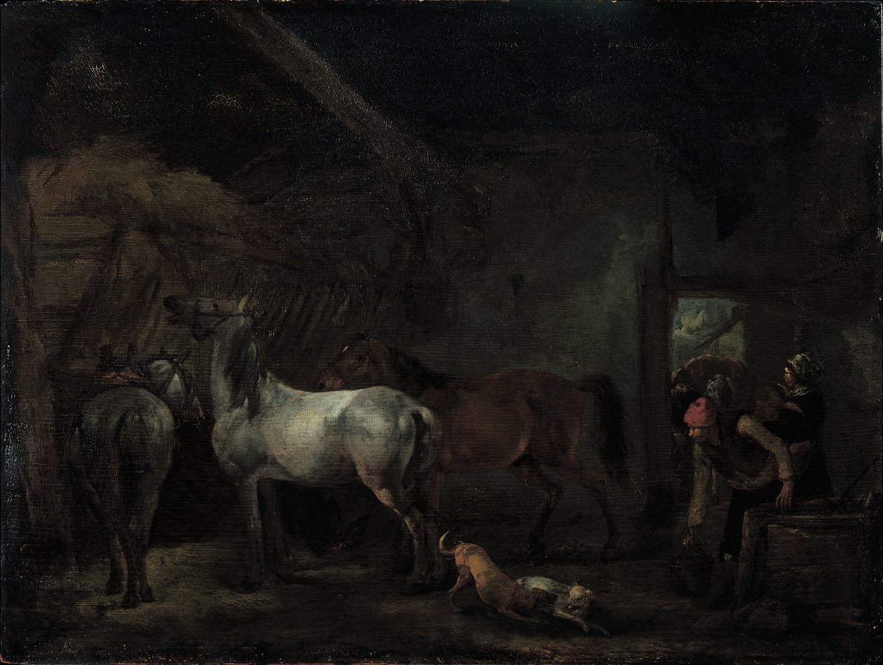 Stall med tre hester av Philips Wouwerman