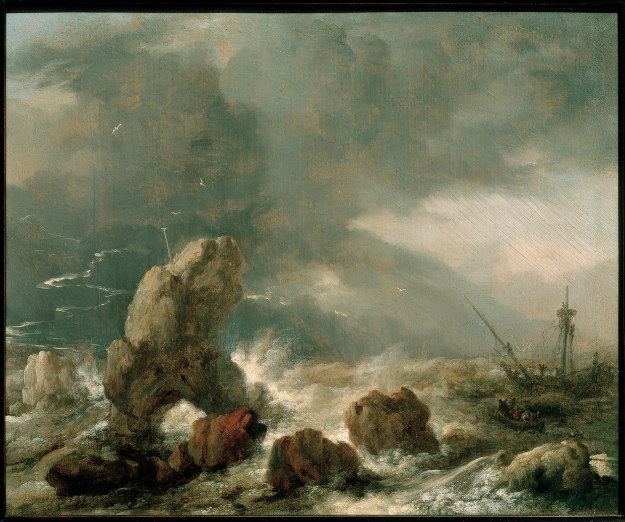 Stormfullt hav med tre skip i nød av Philips Wouwerman