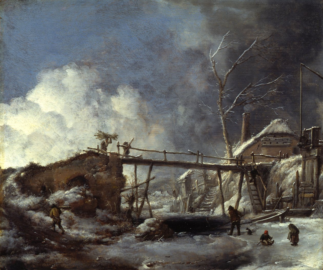 Vinterlandskap med trebro av Philips Wouwerman