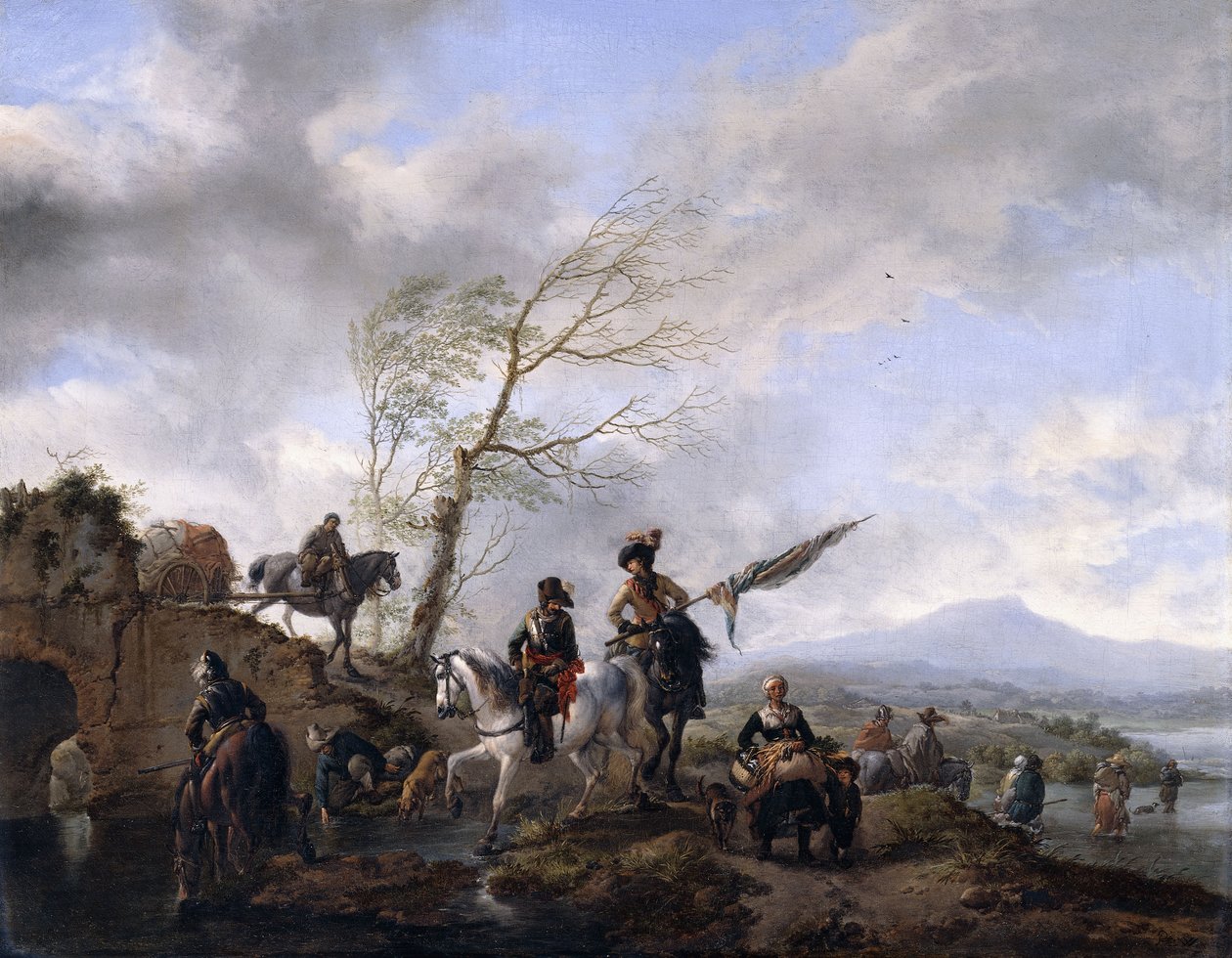 Et omfattende elvelandskap med soldater og en fanebærer som vanner hestene sine, av Philips Wouwerman