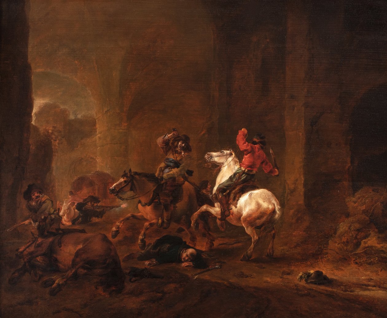 Banditter bakhold reisende på en sti blant ruiner, ca. 1635-50 (olje på panel) av Philips Wouwermans or Wouwerman