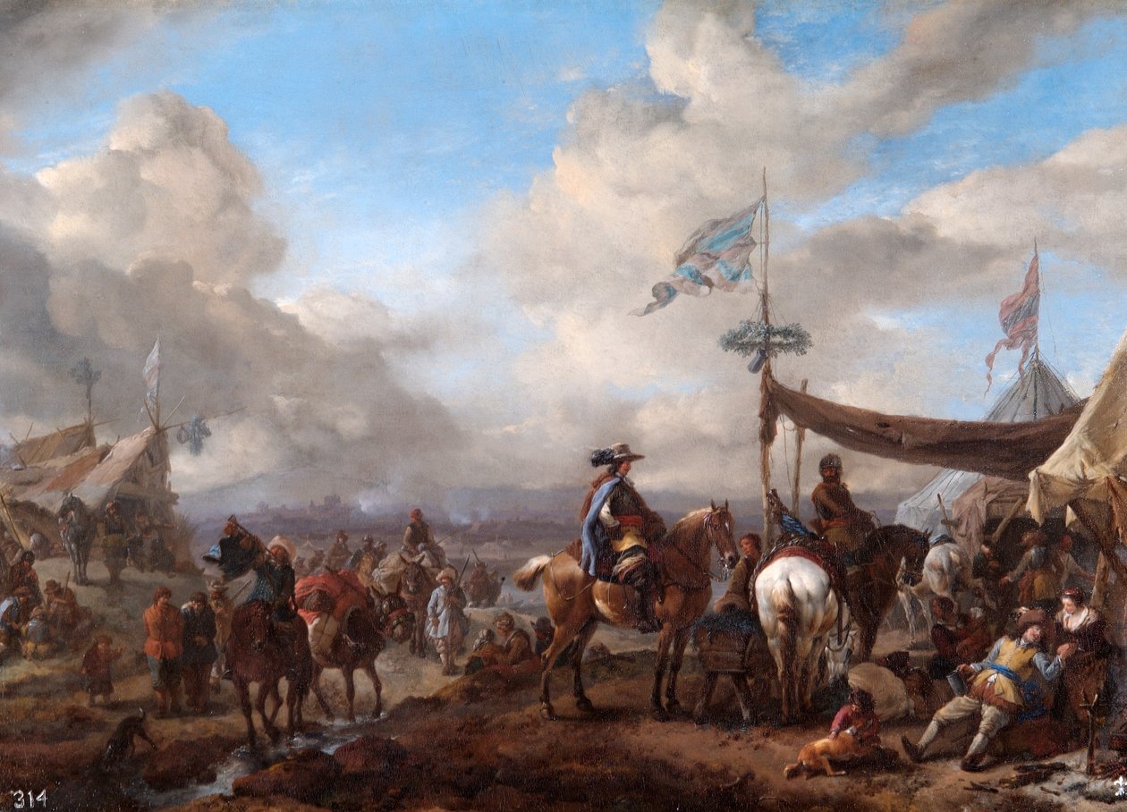 Leirscene med bugler og hovslagerbod (olje på lerret) av Philips Wouwermans or Wouwerman