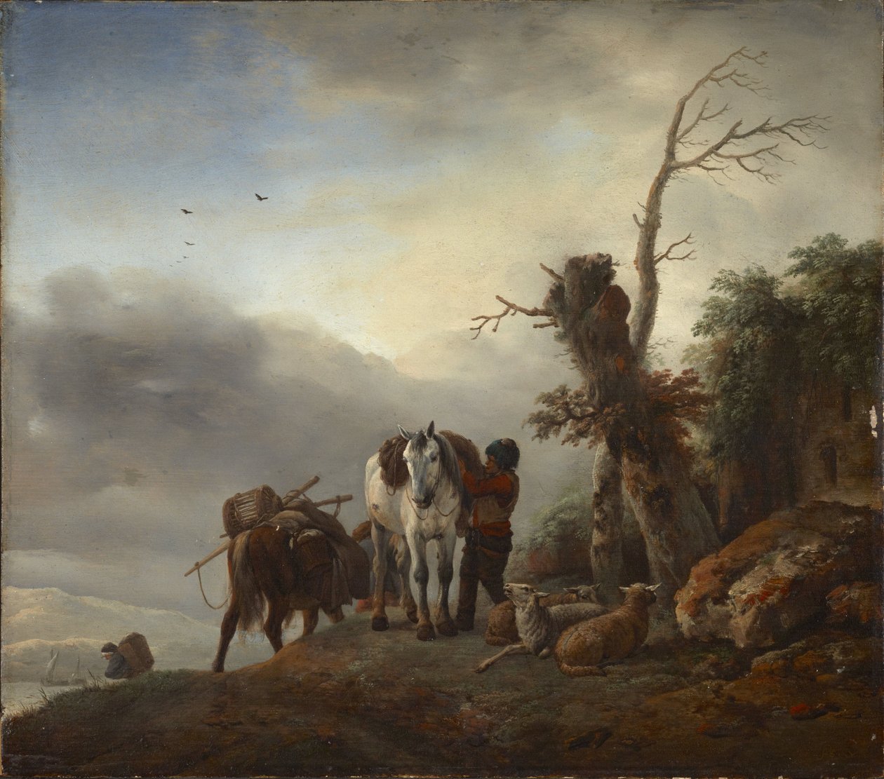 Landscape with Packhorses - Landscape with Packhorses, av Wouwerman (Wouwermans), Philips (1619-1668). Olje på tre, ca. 1647-1648. Mål: 36,3 x 41,2 cm. Brukenthal nasjonalmuseum, Sibiu av Philips Wouwermans or Wouwerman