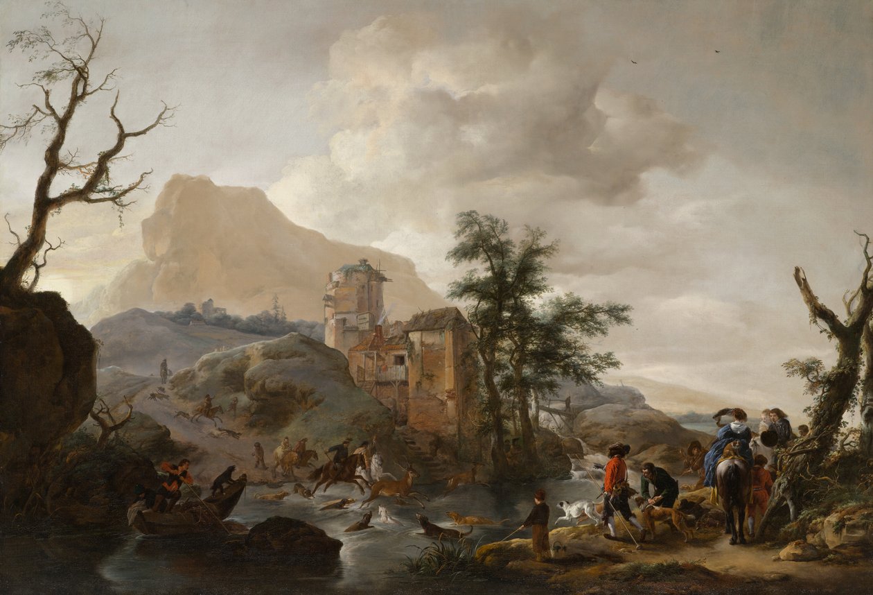 Hjortejakt i en elv, ca. 1650-1655 av Philips Wouwerman