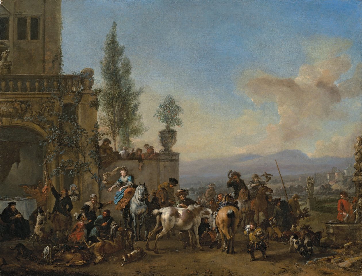 The Return from the Hunt (olje på panel) av Philips Wouwermans or Wouwerman