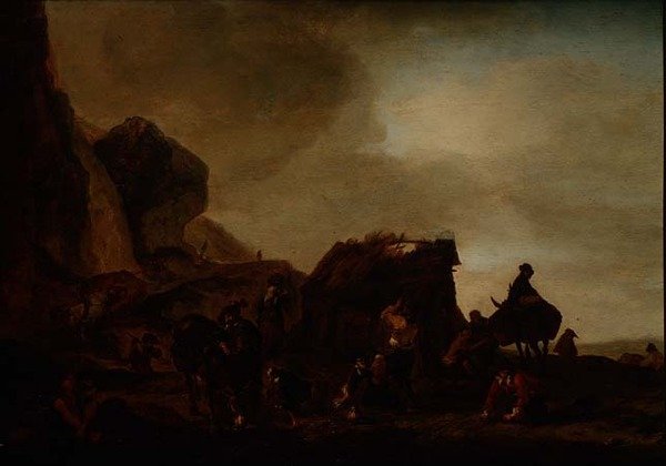 Reisende og tiggere ved en ødelagt hytte av Philips Wouwermans or Wouwerman